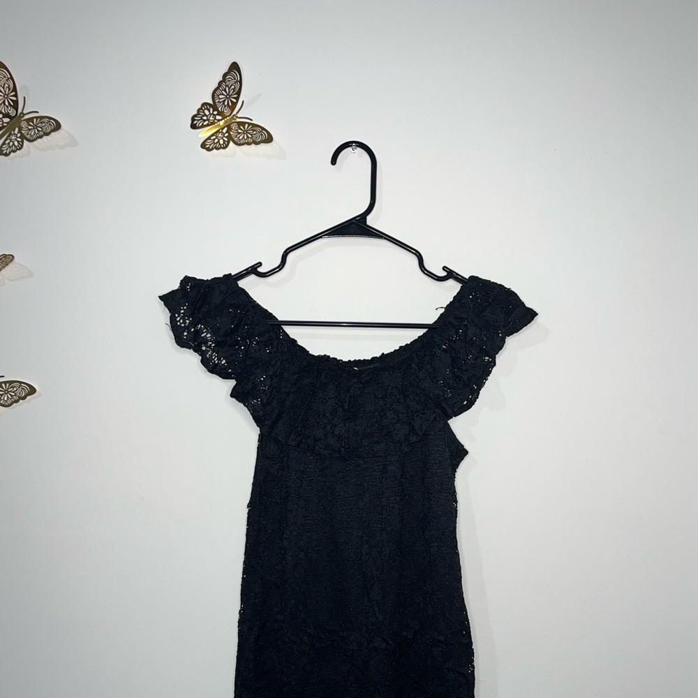 Black Off-Shoulder Knee Length Dress with Mesh Fabric Above Soild Black Fabric